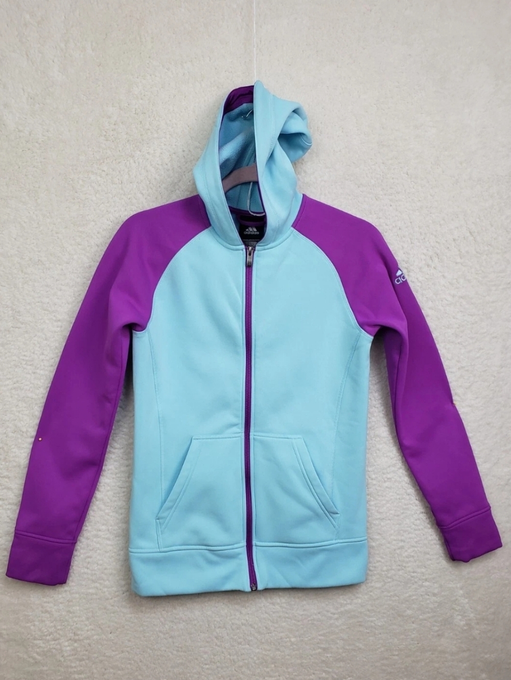 Adidas Girls Sweatshirt 14 Green Fleece Long Sleeve Hooded Pockets Full Zip